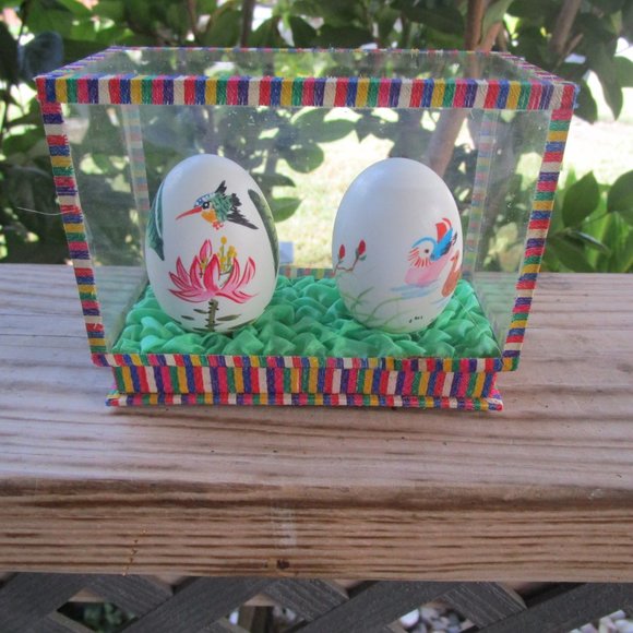 Vintage Oriental Hand-Painted Eggs In Display Case